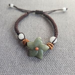Green Jade Flower Bracelet with Brown Cord